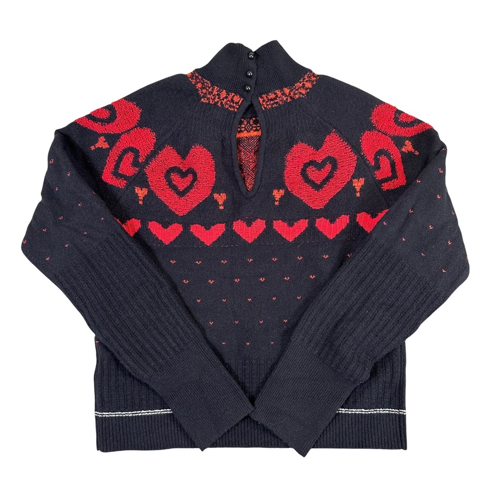 Black Heart Intarsia Knit Sweater Mock Neck Keyhole Cutout Red Hearts